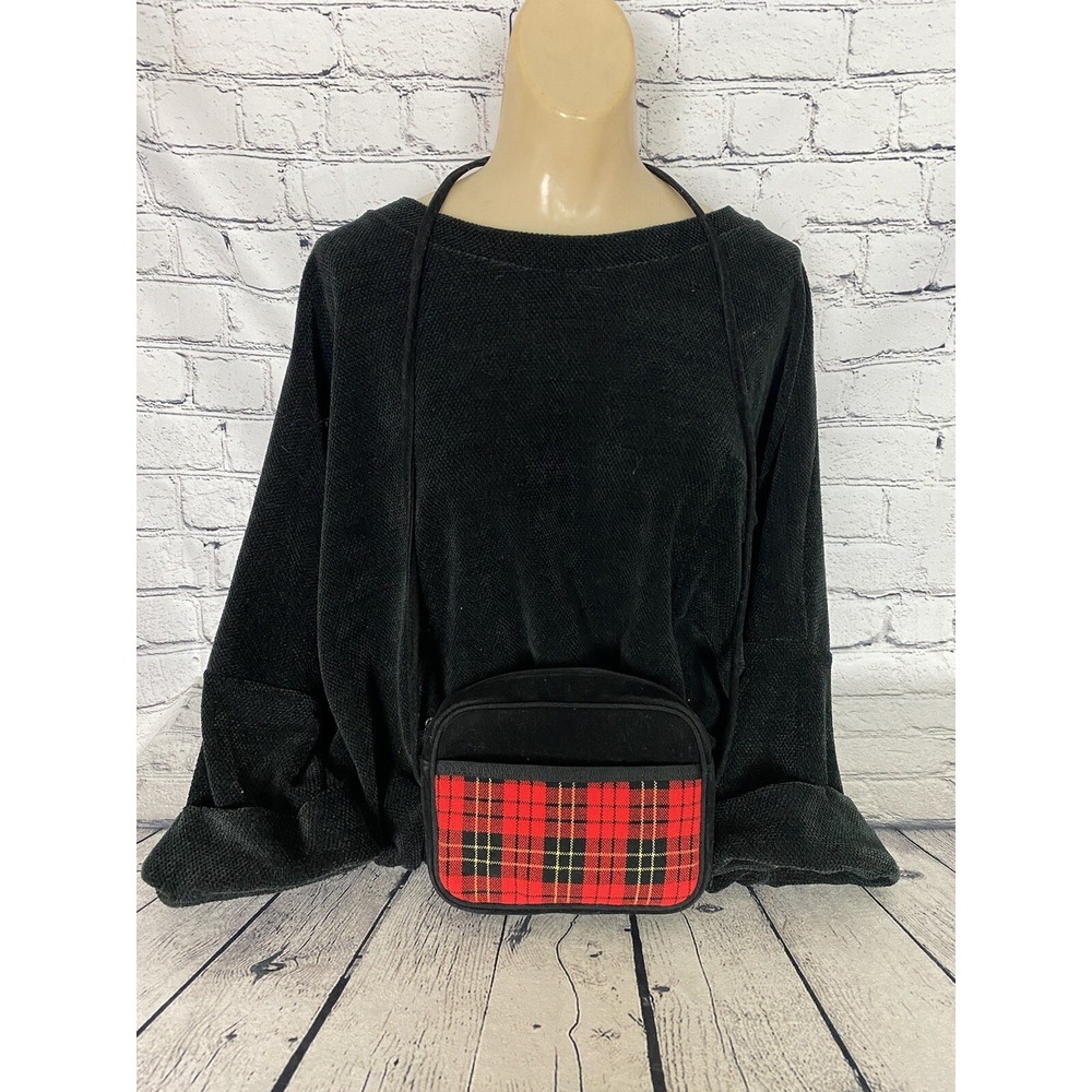 90's Y2K Red Black White Plaid‎ Velvet Shoulder/Crossbody Purse 7.25"x5"
